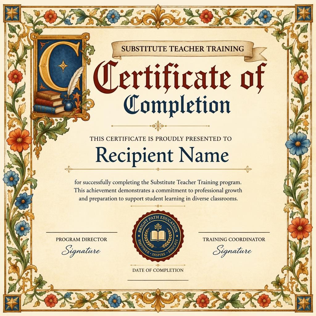 Landscape A4 certificate template with medieval illuminated floral border, warm earth tones, heading, name, signature lines, and seal.