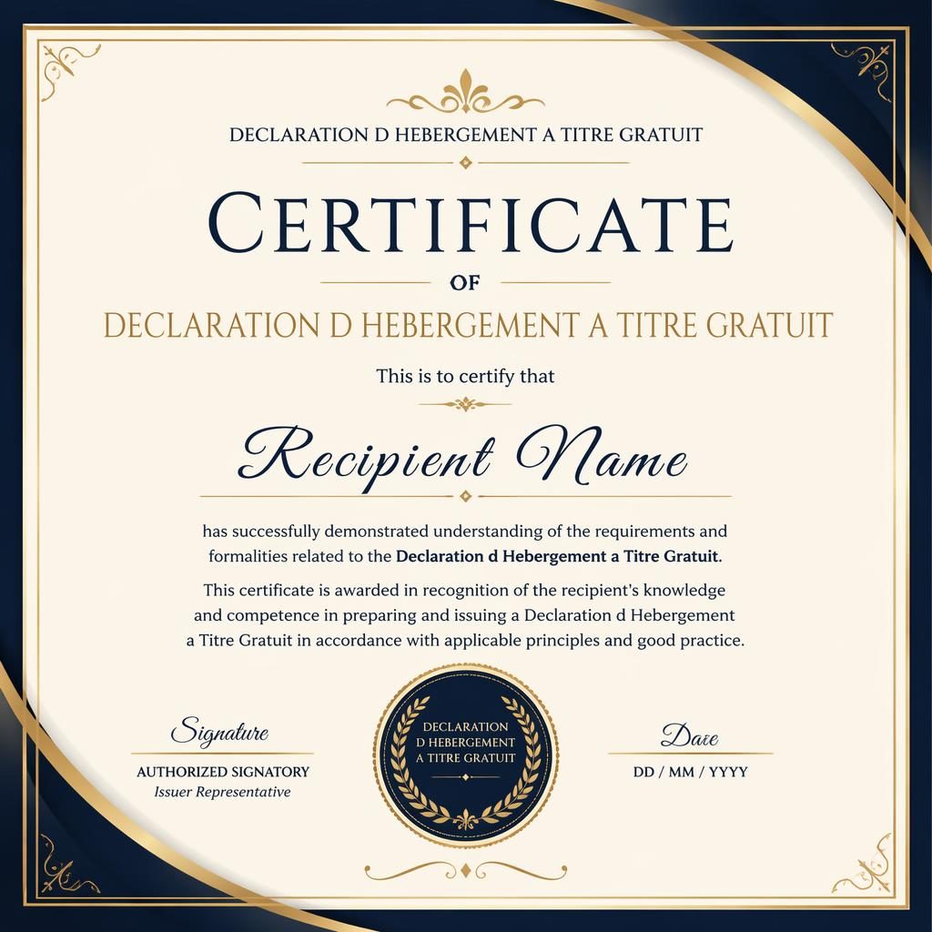 Certificat A4 paysage noir, crème, or et bleu marine avec bord fin, titre central, zones nom, signature, date et sceau.