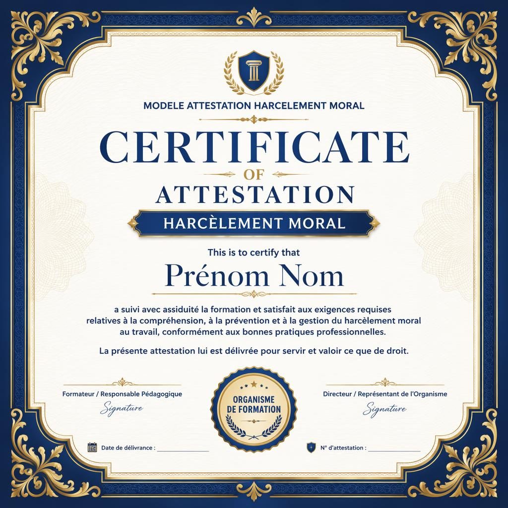 Template de certificat académique paysage A4, cadre or et bleu royal, titre central, zones nom, signature, date et sceau.