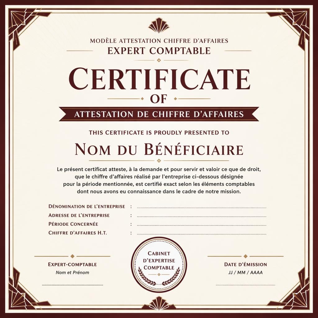 Modèle de certificat paysage A4 art déco bordeaux avec bordure classique, titre central, lignes de signature et sceau.