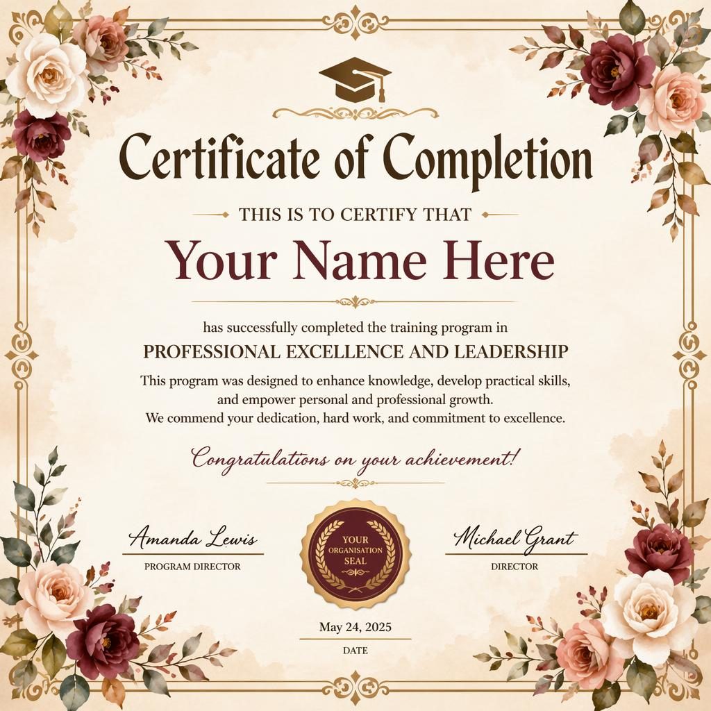 Landscape A4 certificate template with ornate floral border, warm earth tones, heading, recipient line, body text, signatures