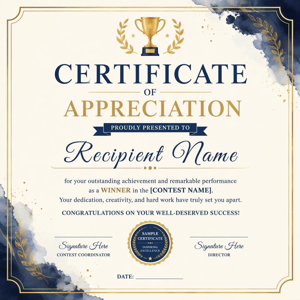 Landscape A4 appreciation certificate template with watercolor accents, thin border, cream gold navy palette, signature lines