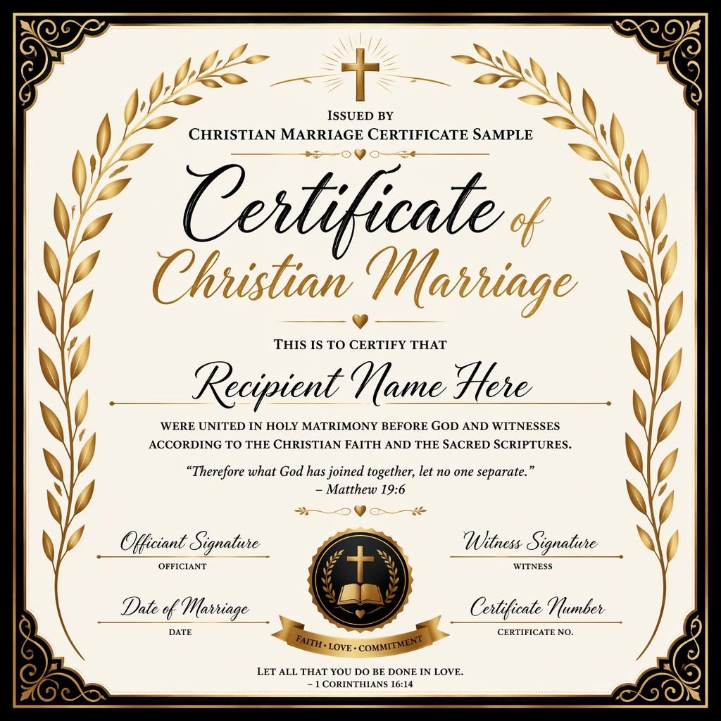 Landscape A4 certificate template with laurel wreath border, black and gold palette, hand-lettered heading, signatures and seal.