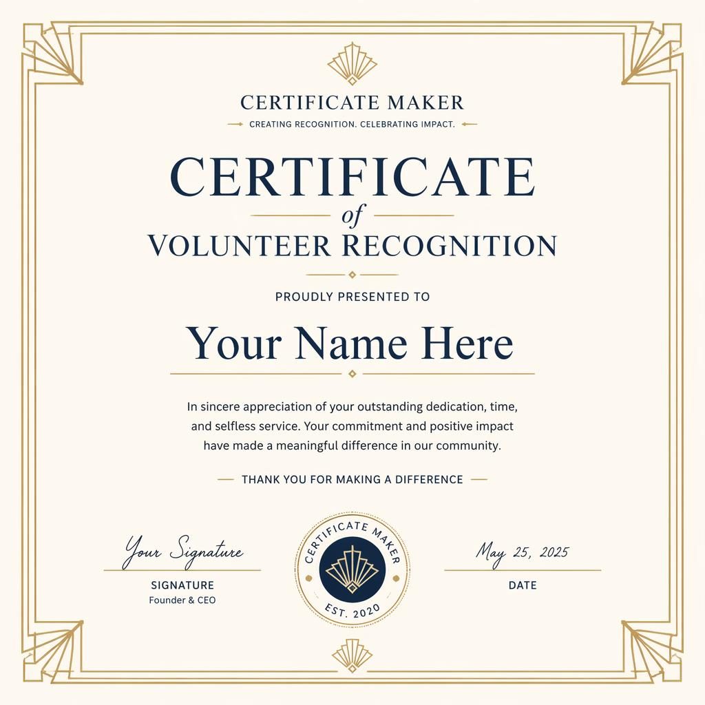 Landscape A4 volunteer recognition certificate template with art deco border, cream gold and navy colors, heading, name, signatures
