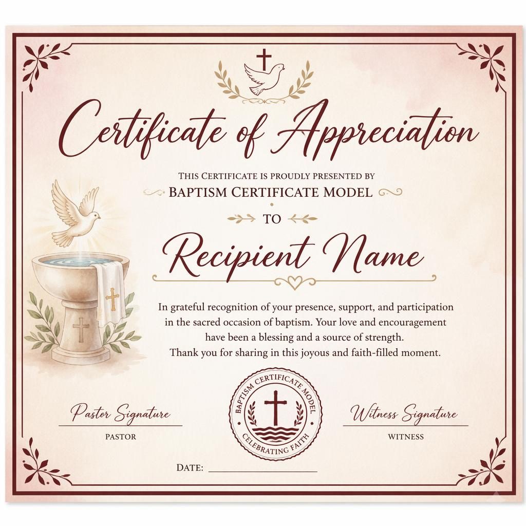 Landscape A4 appreciation certificate template with burgundy border, hand-lettered heading, signature lines, date and seal