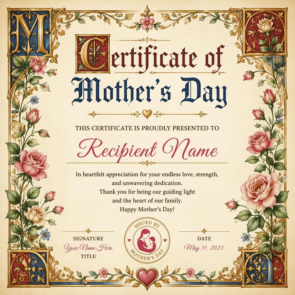 Landscape A4 Mother's Day certificate template with medieval illuminated style, floral watercolor border, heading, signature lines