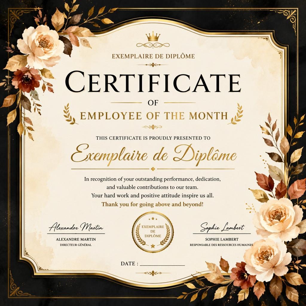 Modèle de certificat A4 paysage noir et or avec bordure florale aquarelle, titre central, signatures et sceau.