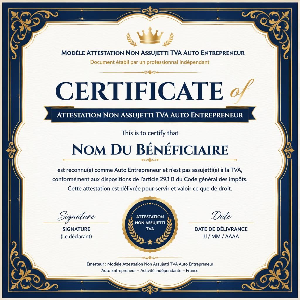 Modèle de certificat académique paysage A4, cadre décoratif bleu royal et or, titre central, signature, date et sceau.
