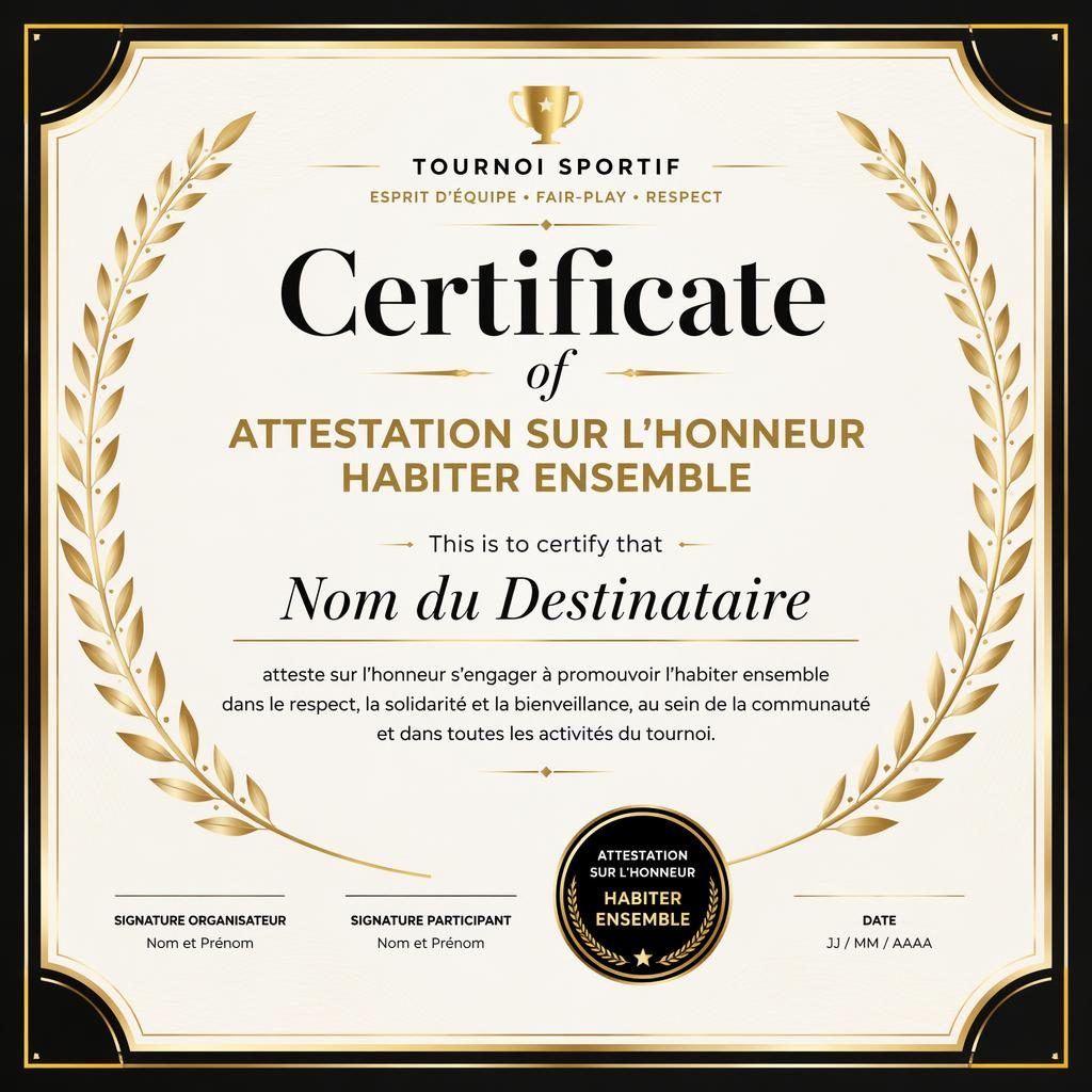 Certificat paysage A4 minimal noir et or, bordure de laurier, titre central, nom, texte, signatures et sceau.