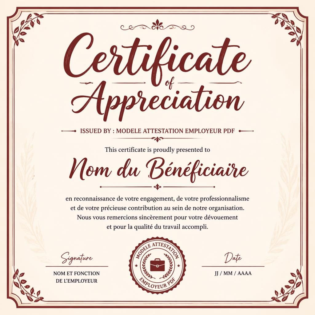 Certificat d’appréciation paysage A4 bordeaux, bordure classique, titre central, lignes de signature et date.