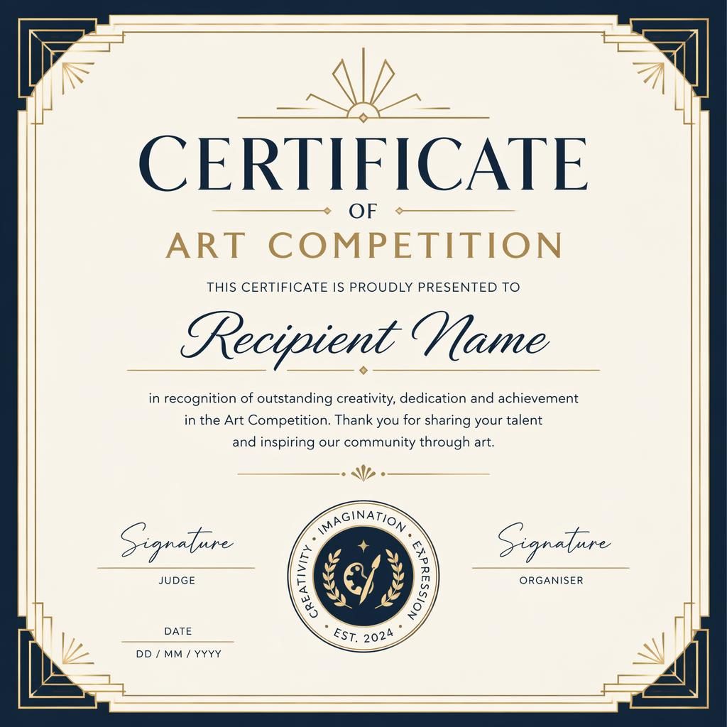Landscape A4 volunteer recognition certificate template with art deco border in cream, gold, and navy.