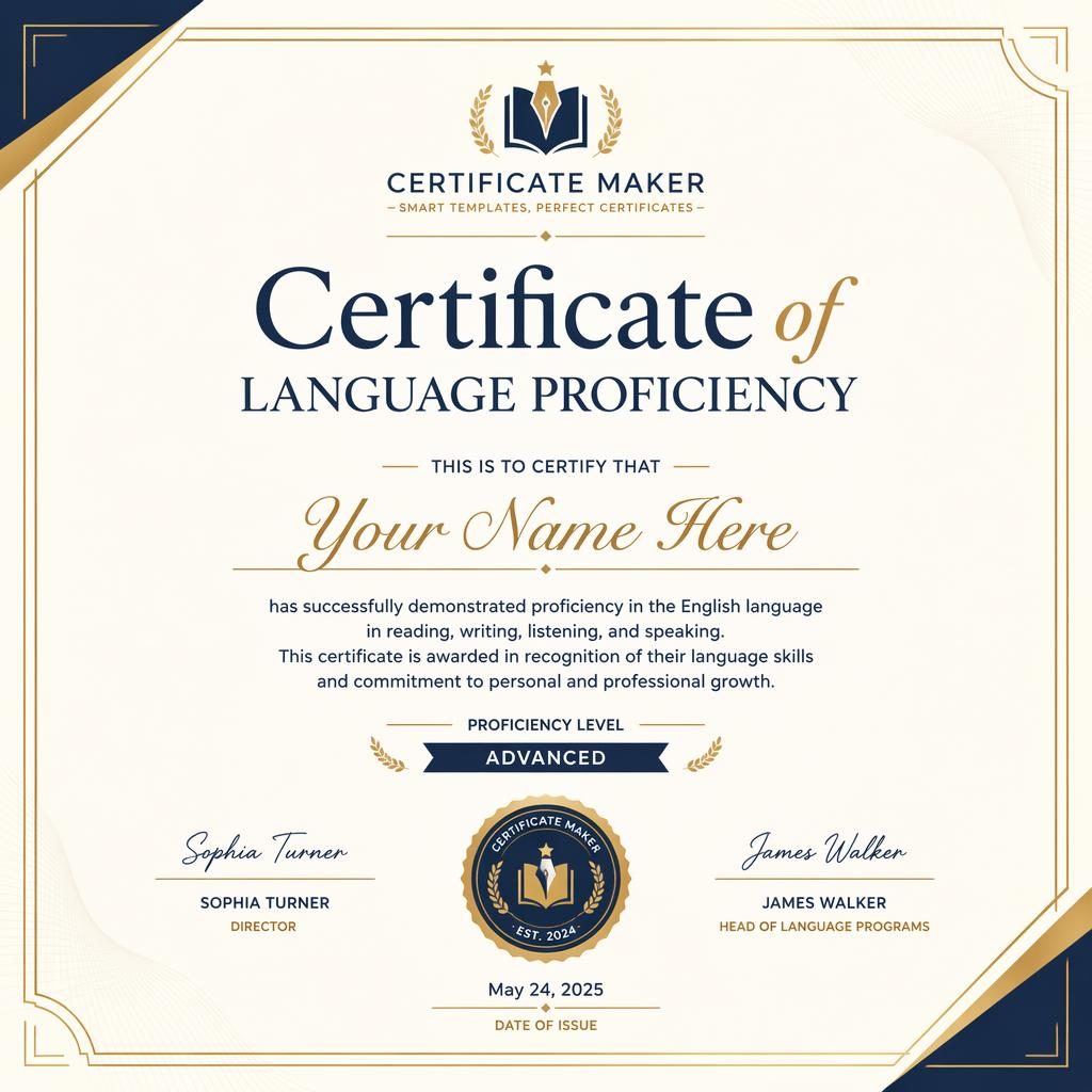Modern landscape A4 language proficiency certificate template in cream, gold, and navy with thin border and signature lines.