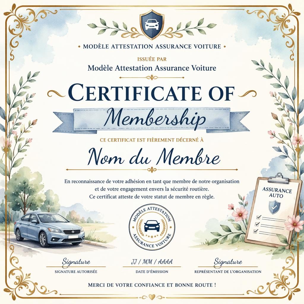 Template de certificat A4 paysage aquarelle, bordure dorée ornementale, zones de texte, signature, date et sceau.