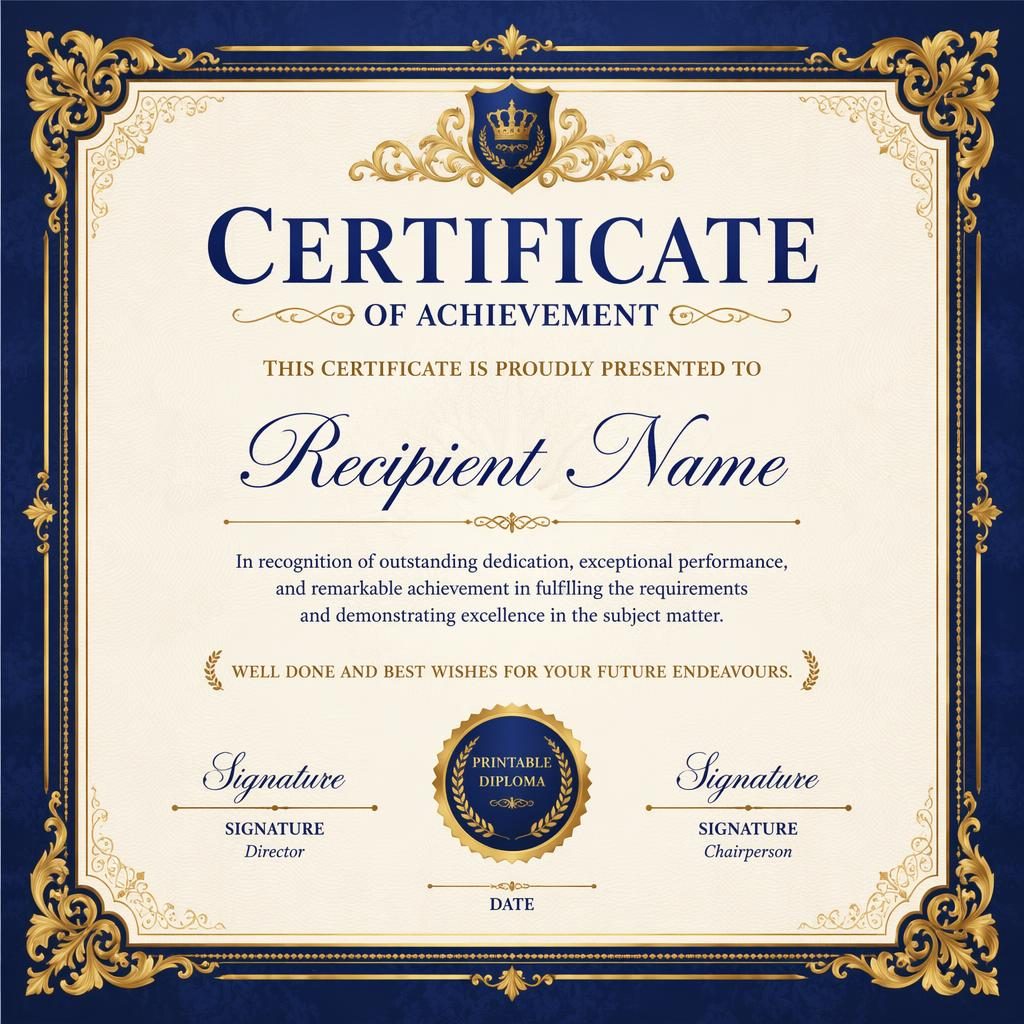 Classic ornate printable diploma certificate template with blue and gold border, heading, signature lines, date, and seal