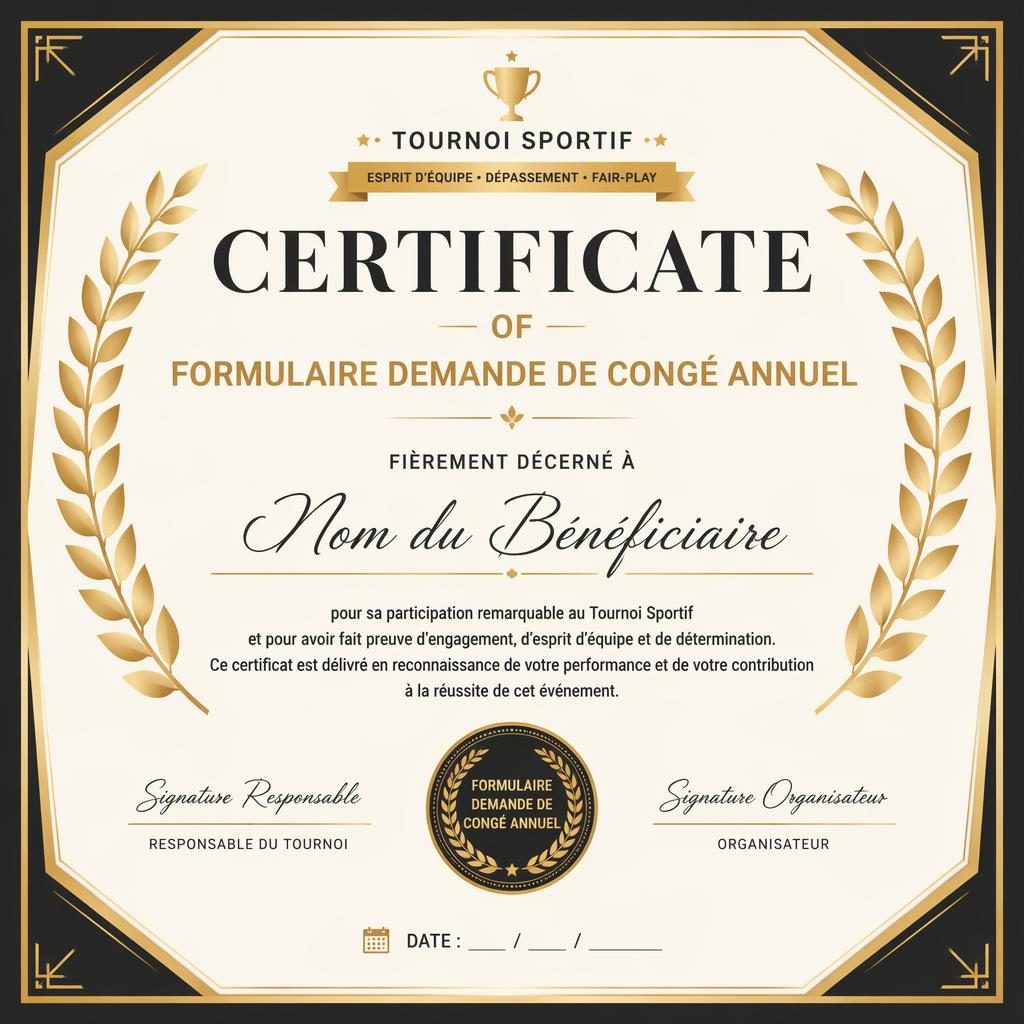 Modèle de certificat sportif A4 paysage noir et or, bordure en laurier, titre central, signatures, date et sceau.