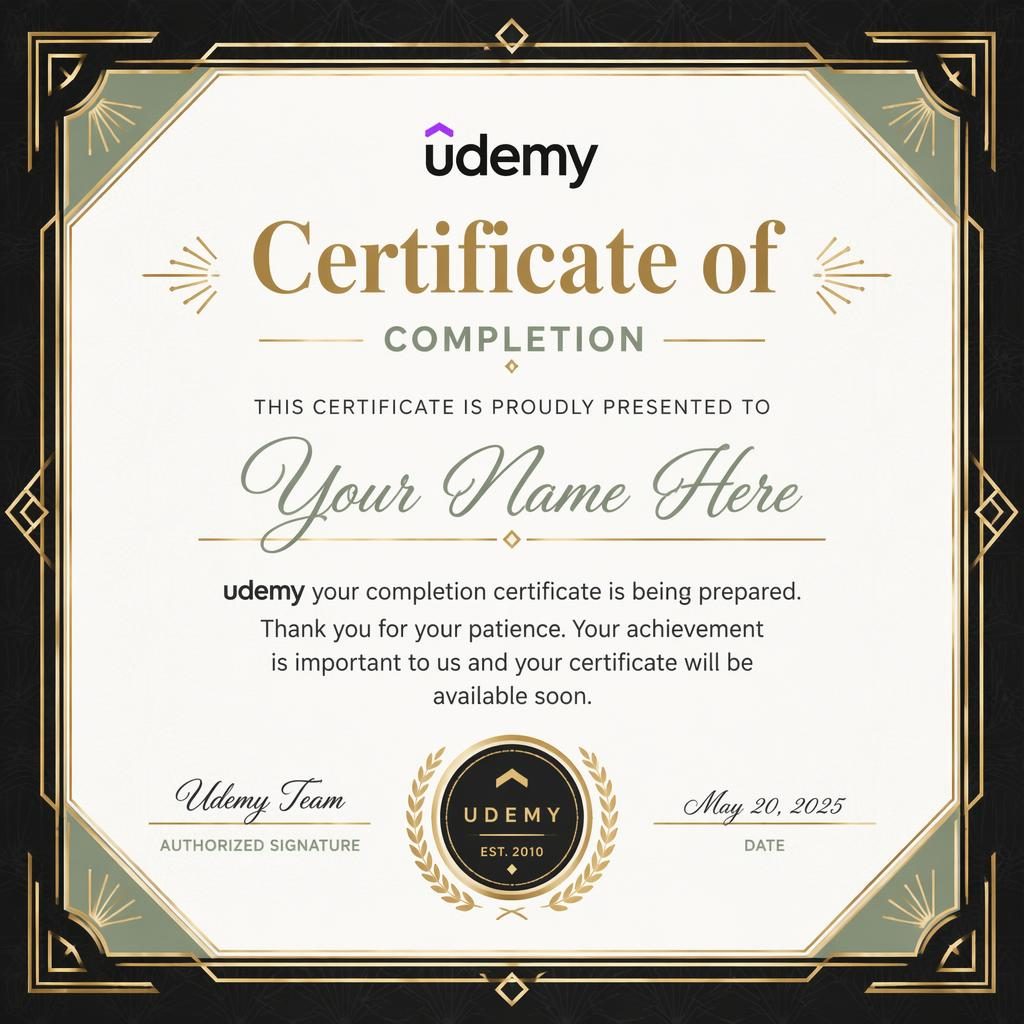 Luxury landscape A4 certificate template with black, gold, white and sage art deco border, heading, signature lines and seal