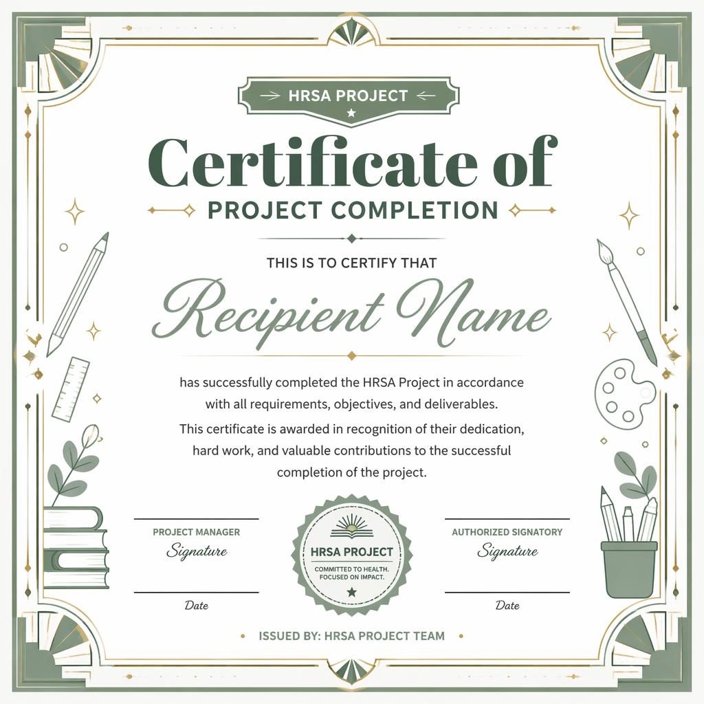 Landscape A4 certificate template with art deco border, white and sage palette, heading, name, body text, signature lines, date.