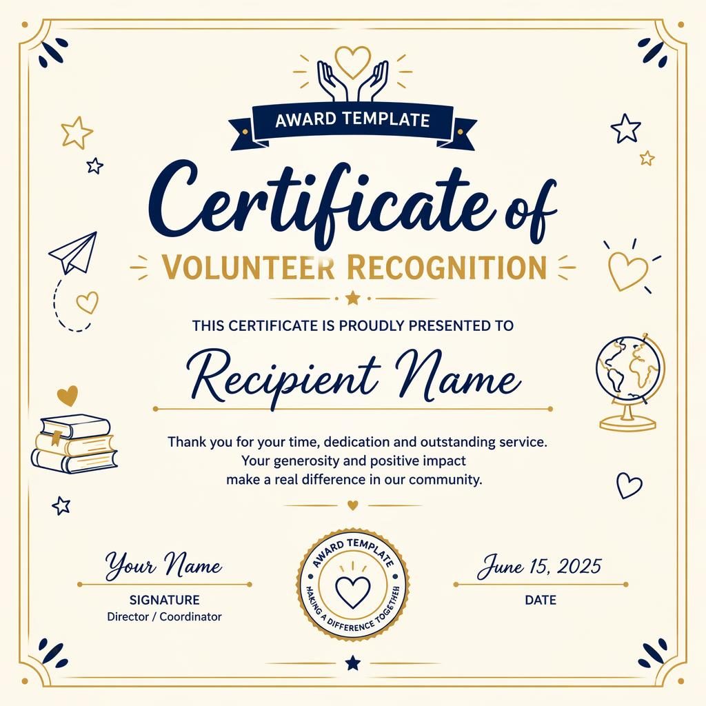 Landscape A4 volunteer recognition certificate template with thin line border, cream, gold and navy colors, heading, name, signature lines and seal.