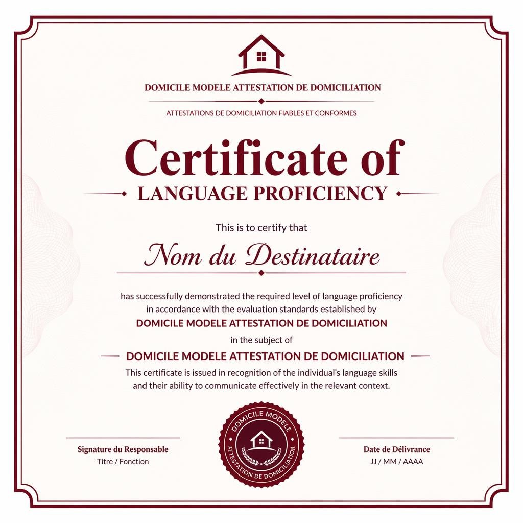 Modèle de certificat A4 paysage bordeaux, bordure double, mise en page minimaliste avec signature et sceau