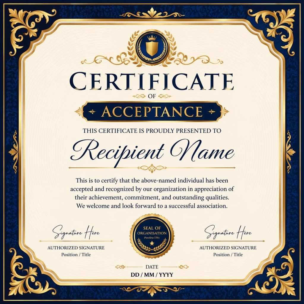 Landscape A4 acceptance certificate template with ornate black, gold, and royal blue border, heading, signature lines, date, and seal.