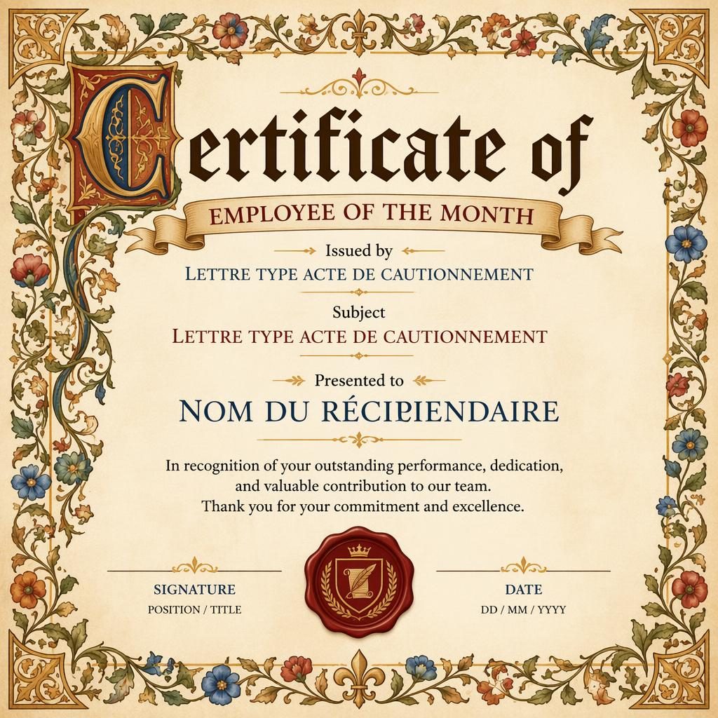 Modèle de certificat A4 paysage style médiéval enluminé, bordure florale aquarelle, lignes de signature et sceau.