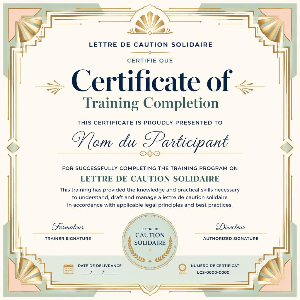 Modèle de certificat paysage A4 Art déco avec bordure dorée, tons pastel, titre central, lignes de signature et sceau