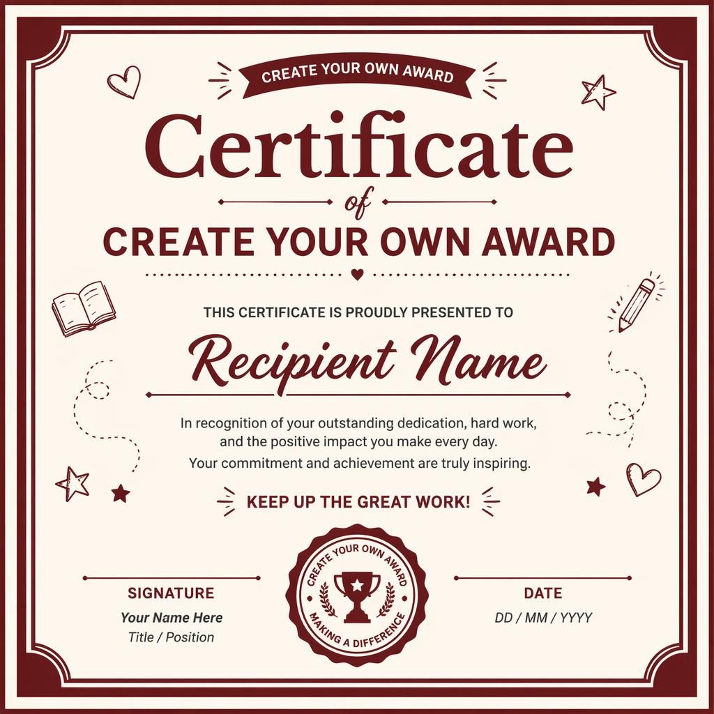 Landscape A4 volunteer recognition certificate template with burgundy double-line border, heading, name, body text, signature lines, date, and seal.