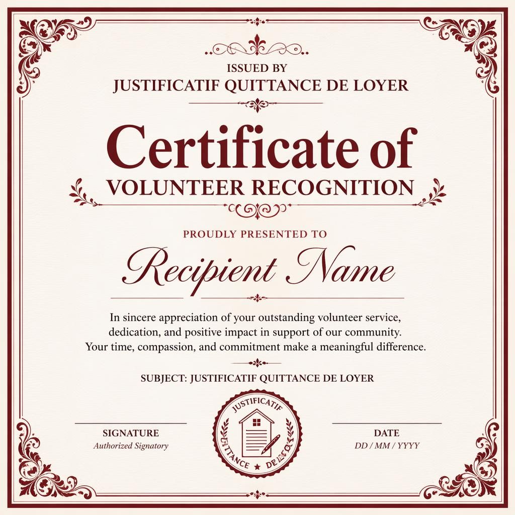 Modèle de certificat horizontal A4, style classique ornementé bordeaux, bordure double, titre central, signature et date.
