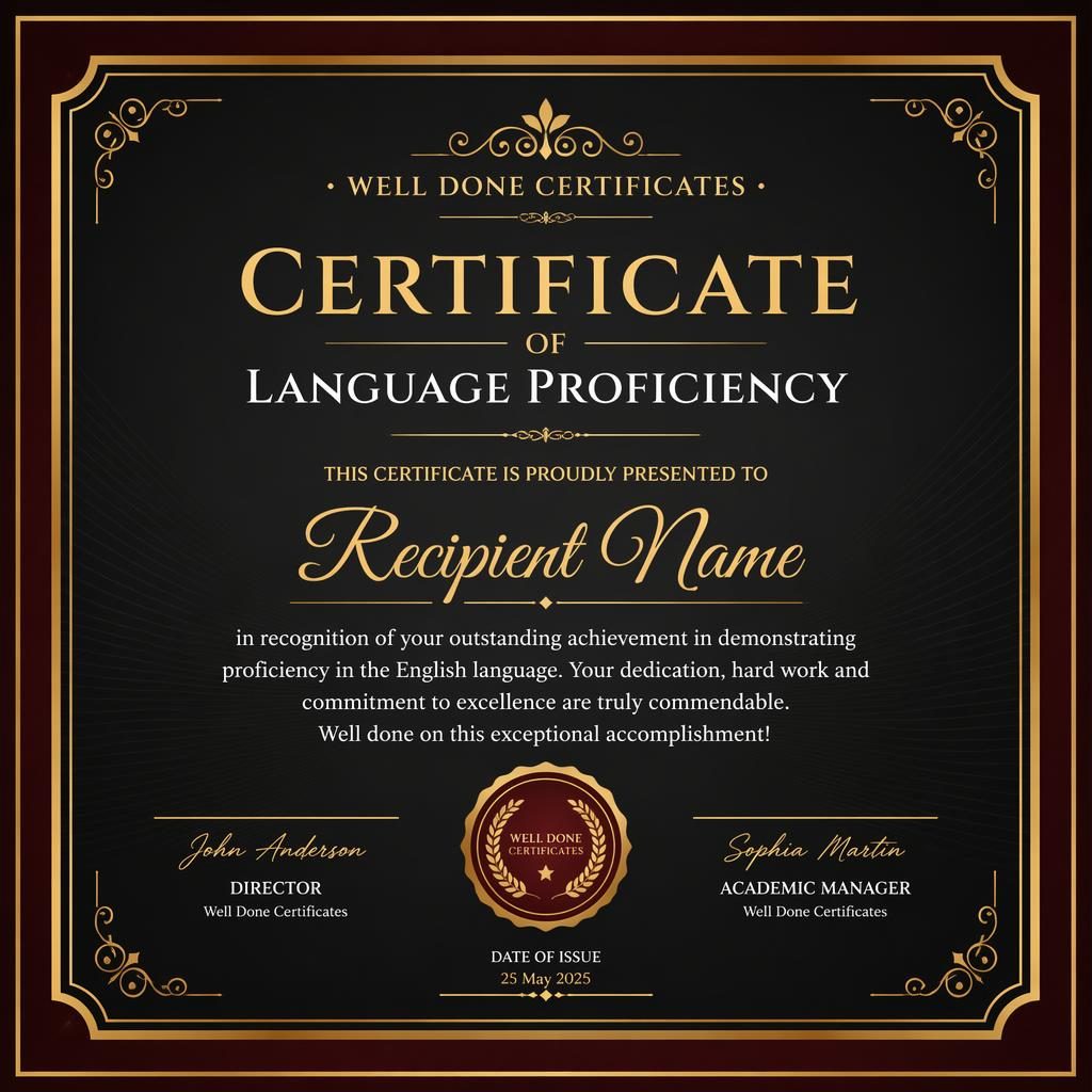 Luxury black, gold, and burgundy language proficiency certificate template in landscape A4 with border, signature lines, date, and seal.