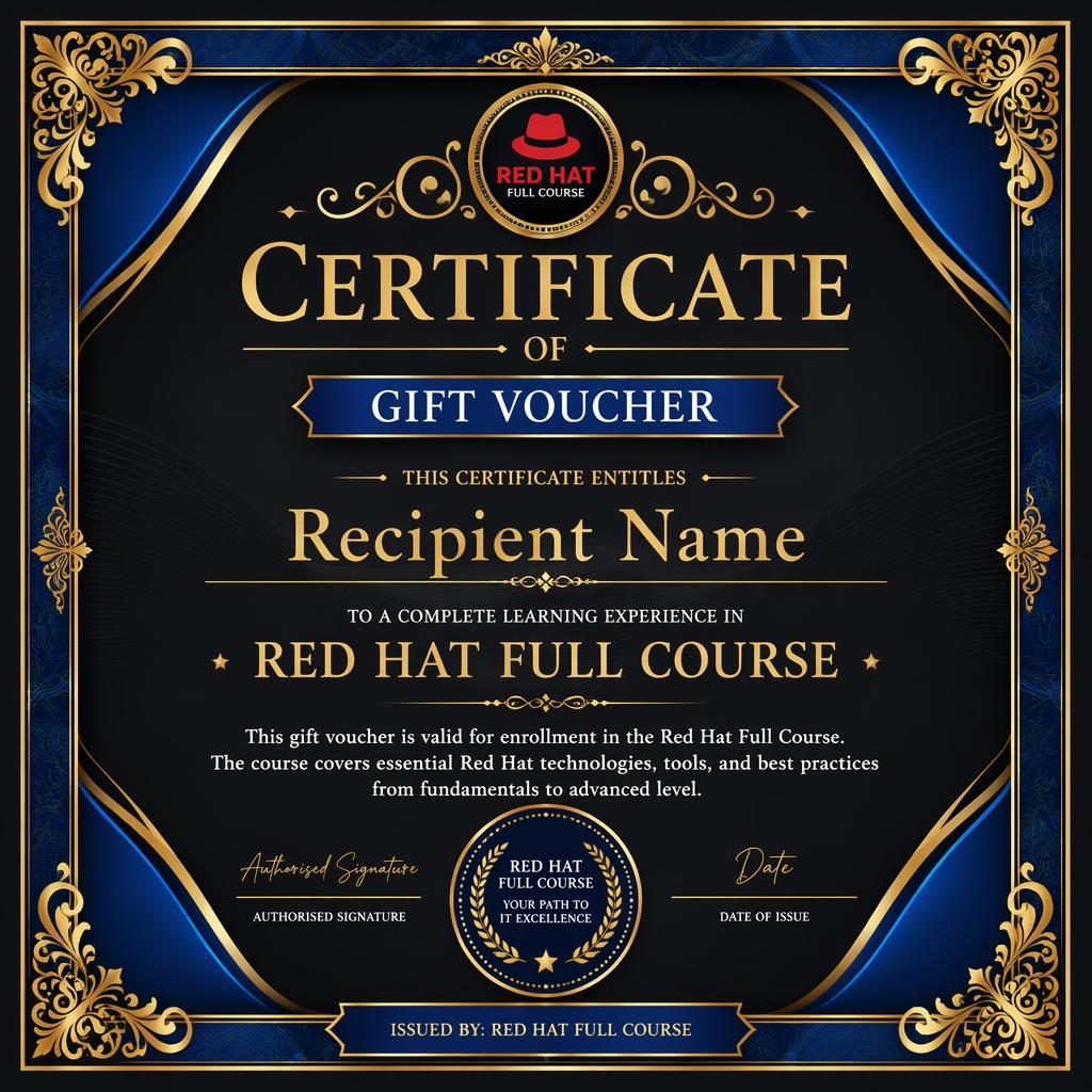 Luxury black and gold gift voucher certificate template in landscape A4 with ornate frame, blue accents, heading, signature lines, date and seal.