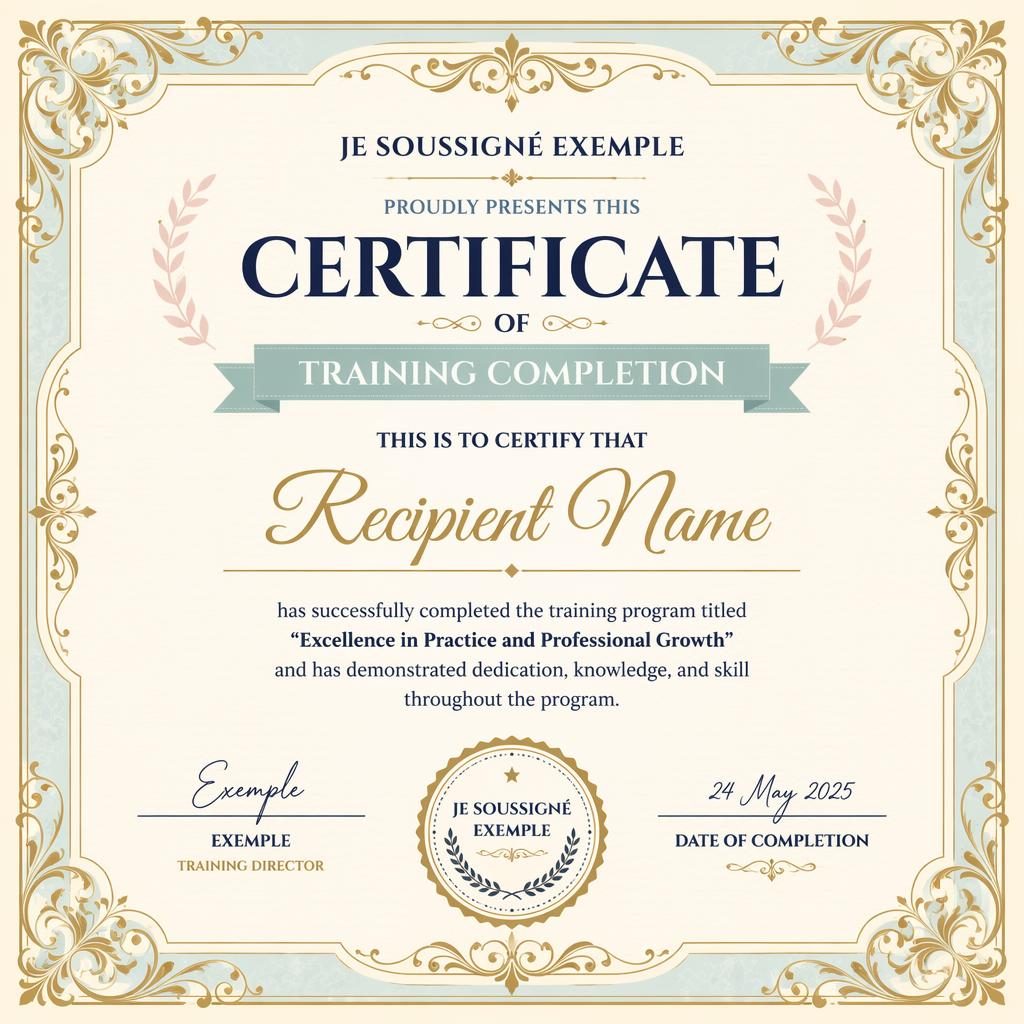 Modèle de certificat de formation paysage A4, bordure ornementale dorée, palette pastel, zones signature, date et sceau