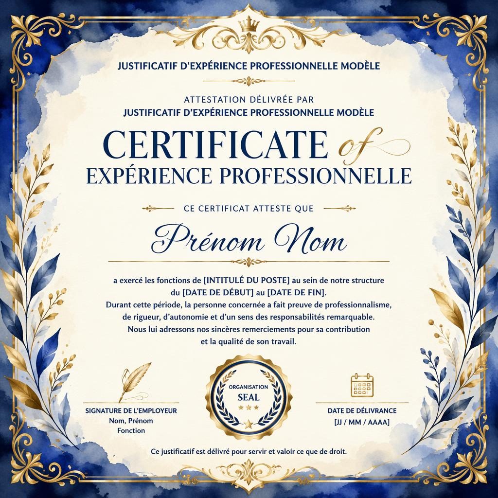 Modèle de certificat académique en paysage A4, cadre décoratif bleu royal et or, style aquarelle, zones de texte lisibles.