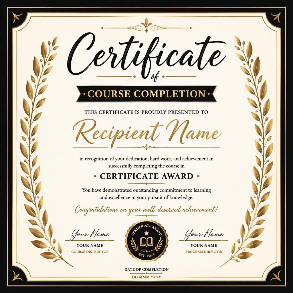 Landscape A4 course completion certificate award template with laurel border, hand-lettered heading, signature lines, date, and seal