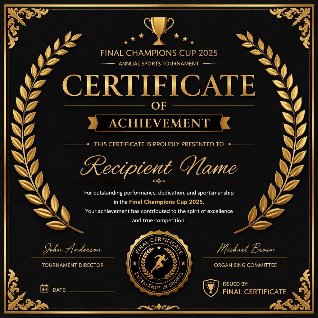 Landscape A4 sports tournament final certificate template in black and gold with laurel border, signature lines, date and seal