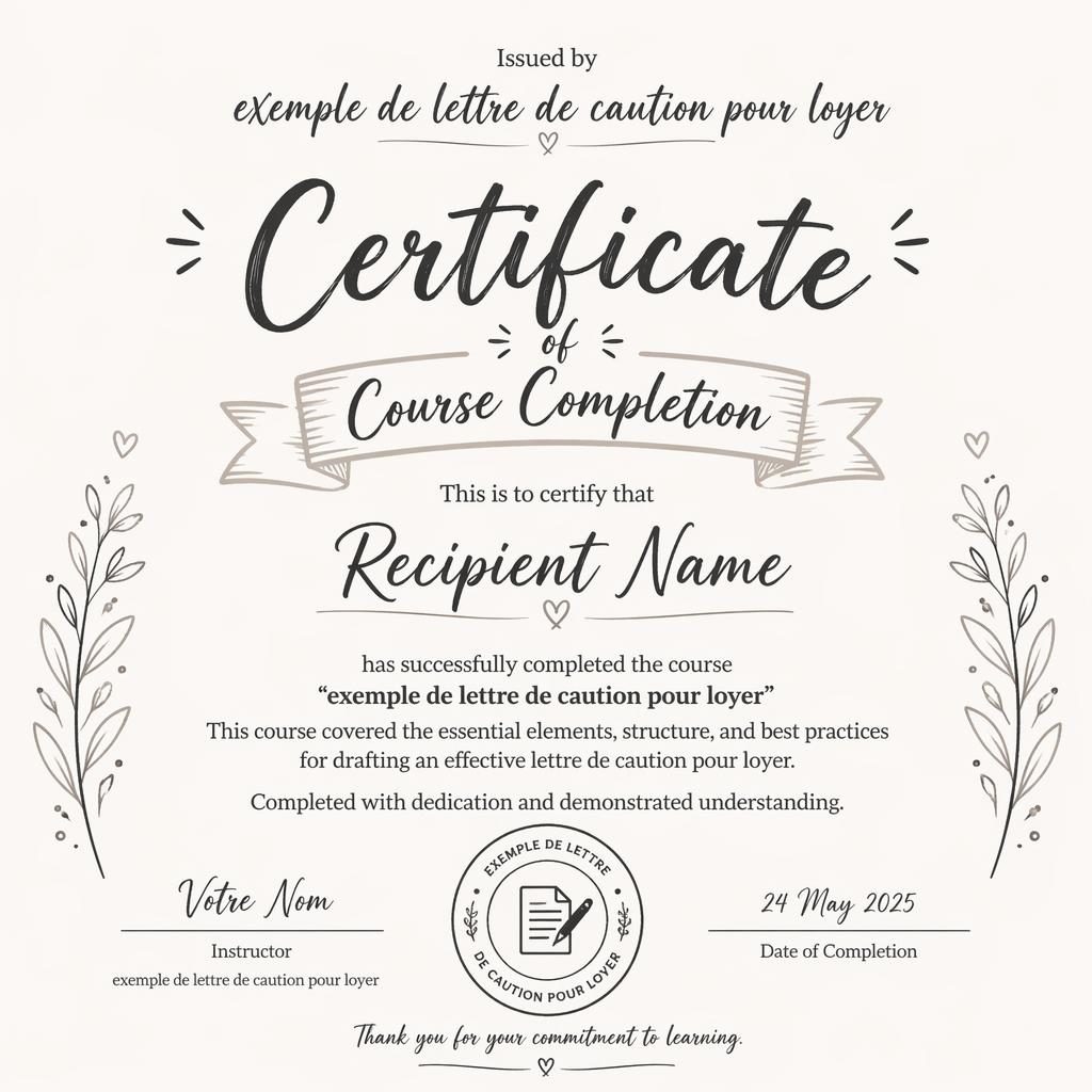 Modèle de certificat A4 paysage monochrome, lettrage manuscrit chaleureux, titre central, lignes de signature et date.