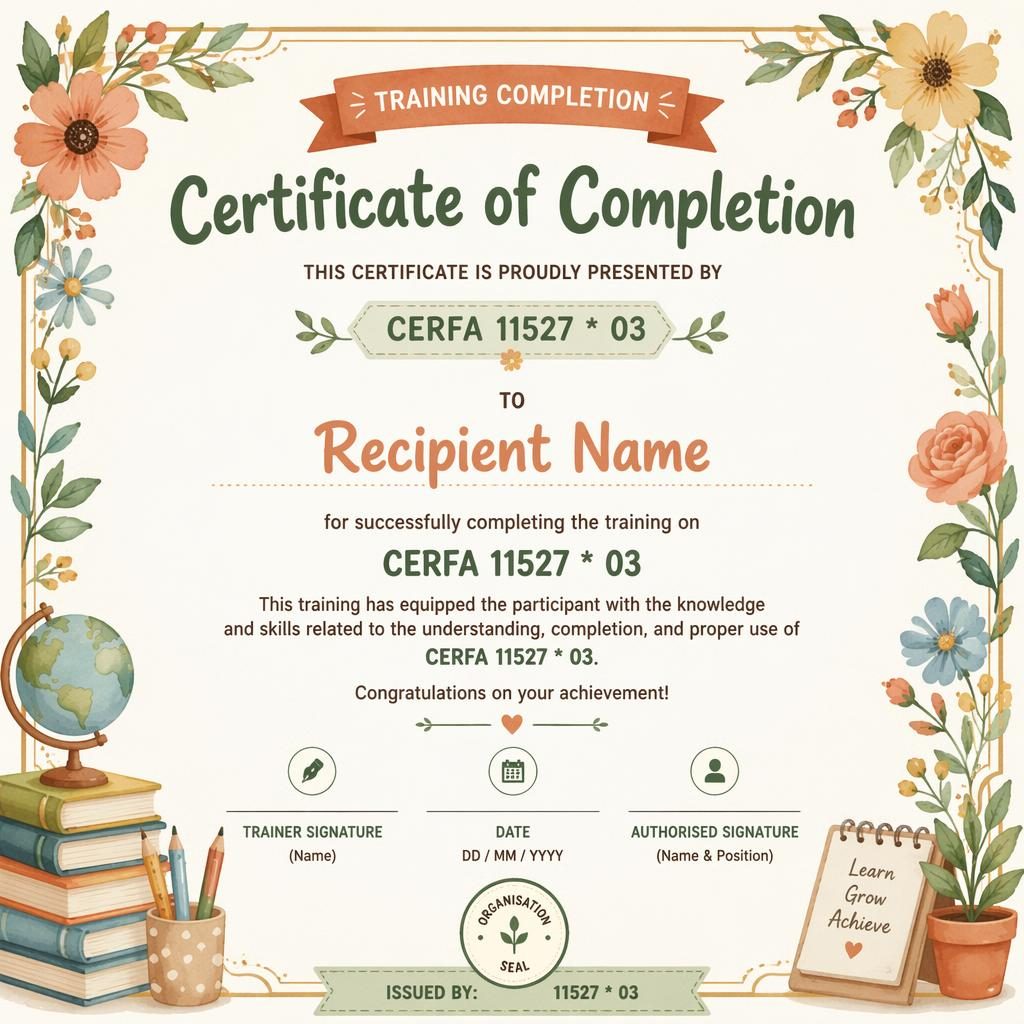 Modèle de certificat A4 paysage avec bordure florale aquarelle, titre central, lignes de signature, date et sceau