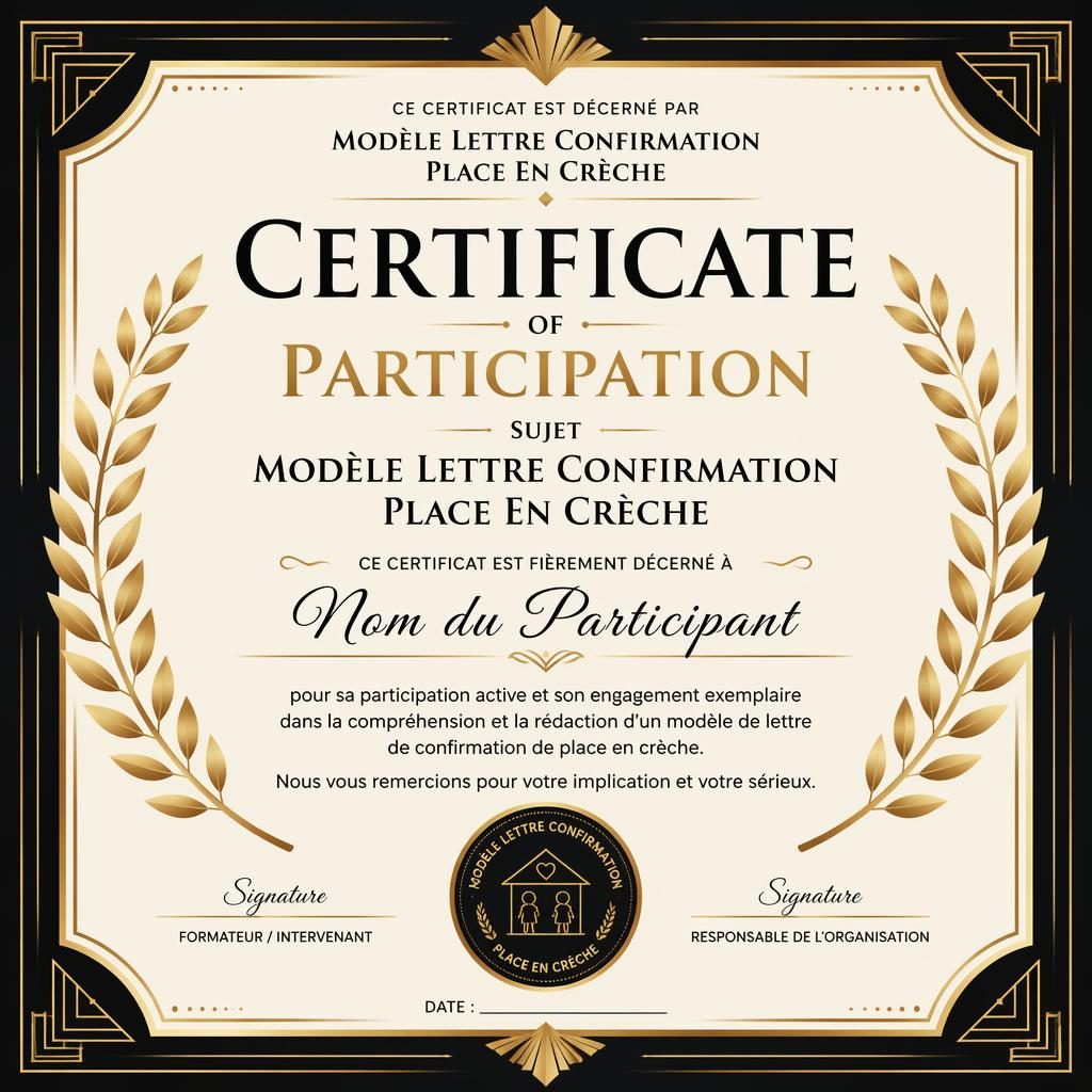 Modèle de certificat participation art déco paysage A4, bordure laurier noir et or, lignes signature, date et sceau