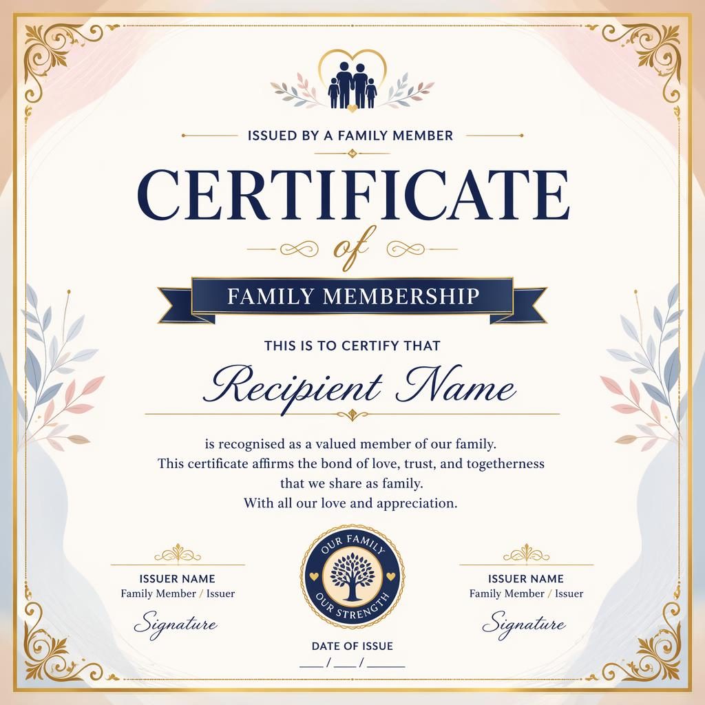 Landscape A4 membership certificate template with gold ornamental border, pastel palette, heading, signature lines, date, and seal.