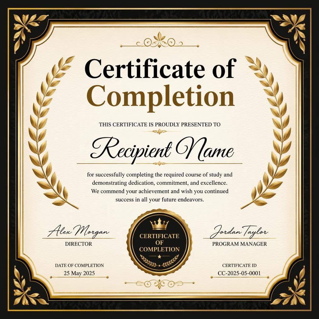 Landscape A4 certificate of completion template with ornate laurel border, black and gold palette, heading, signature lines, date, and seal