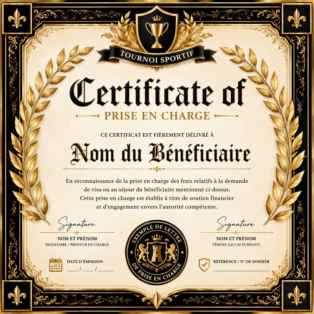 Modèle de certificat sportif A4 paysage, style enluminé médiéval noir et or, bordure de laurier, titres et zones de signature.