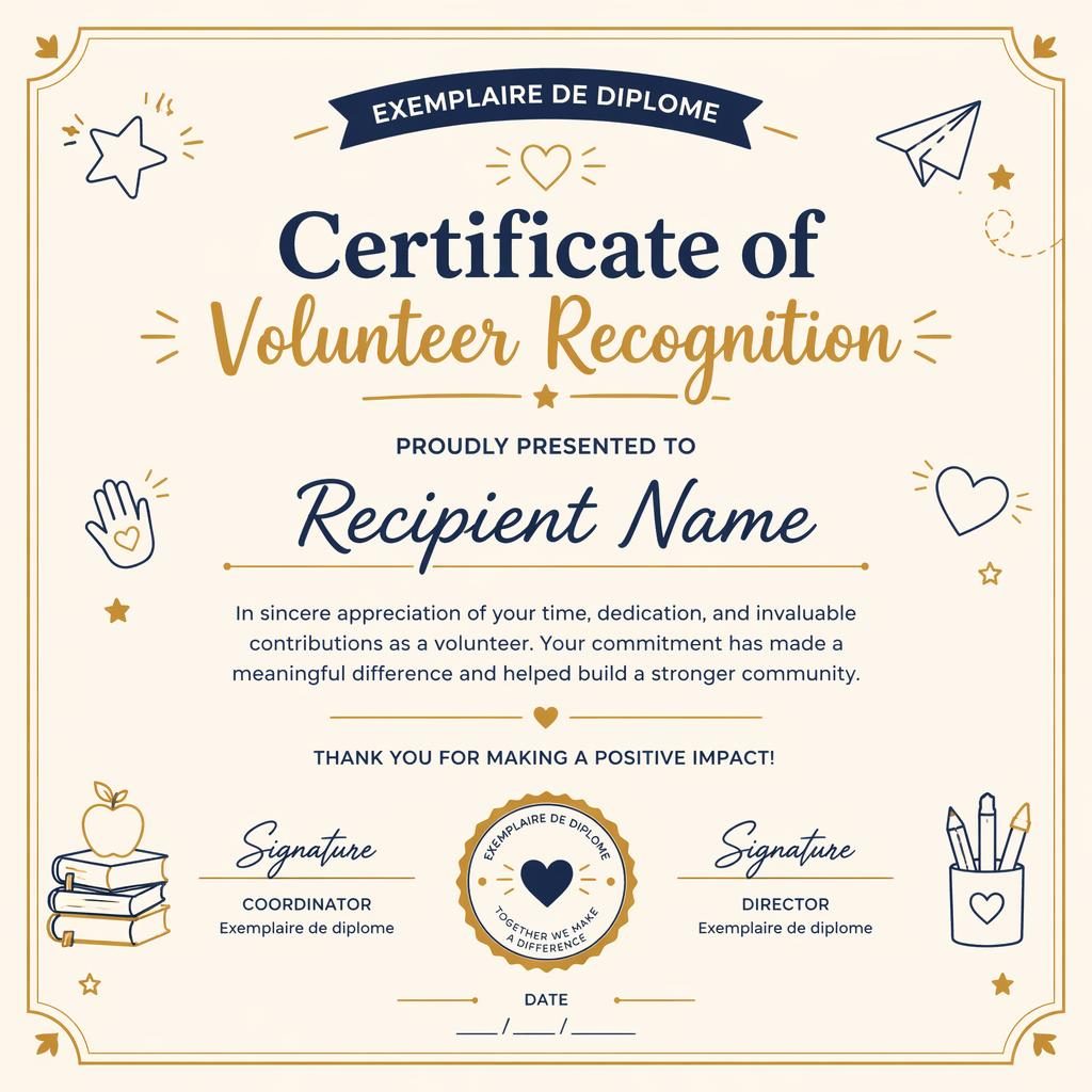 Modèle de certificat bénévole A4 paysage, style scolaire ludique, bord fin crème, or et bleu marine.