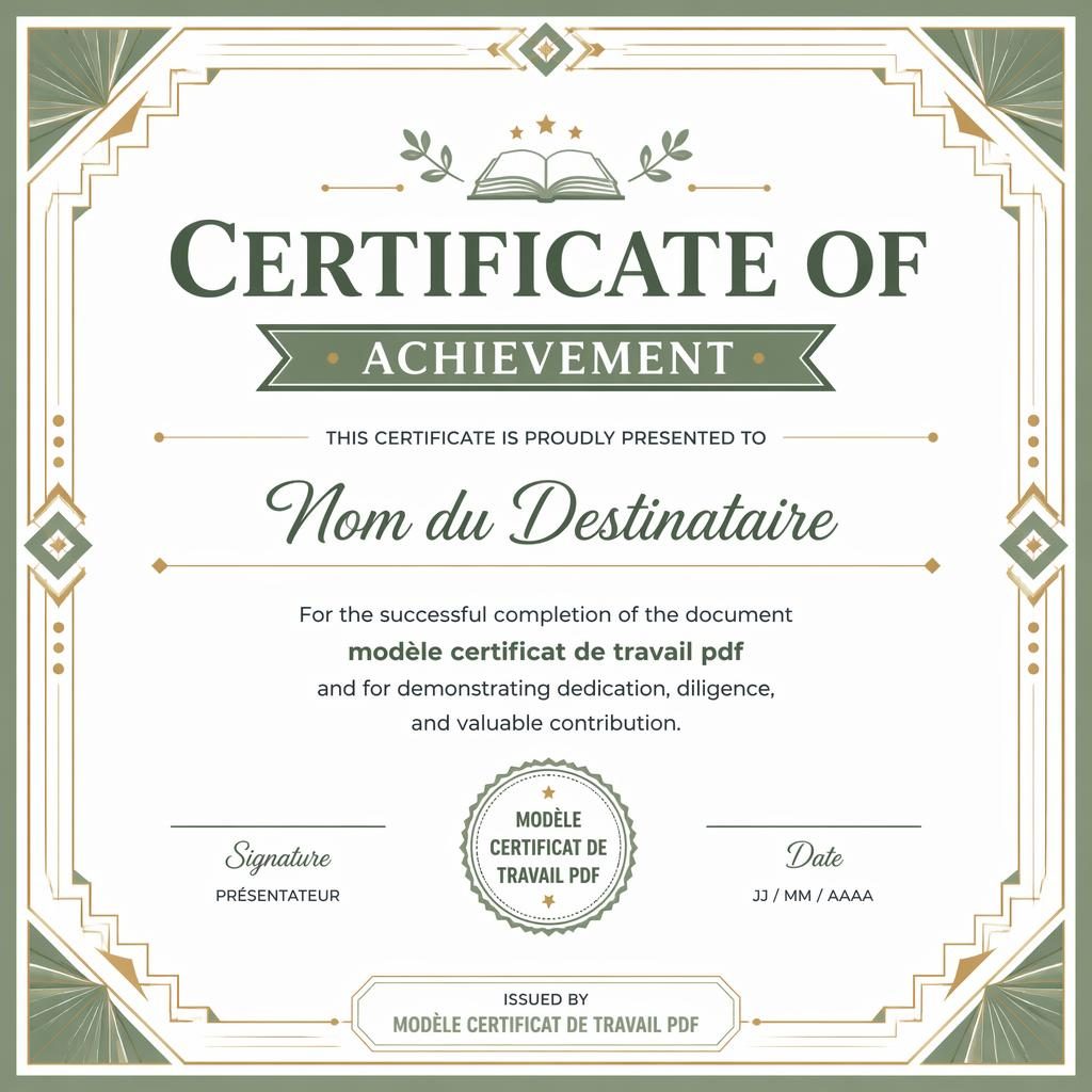 Certificat paysage A4 blanc et vert sauge, bordure art déco, titre central, nom, texte, signatures et date.