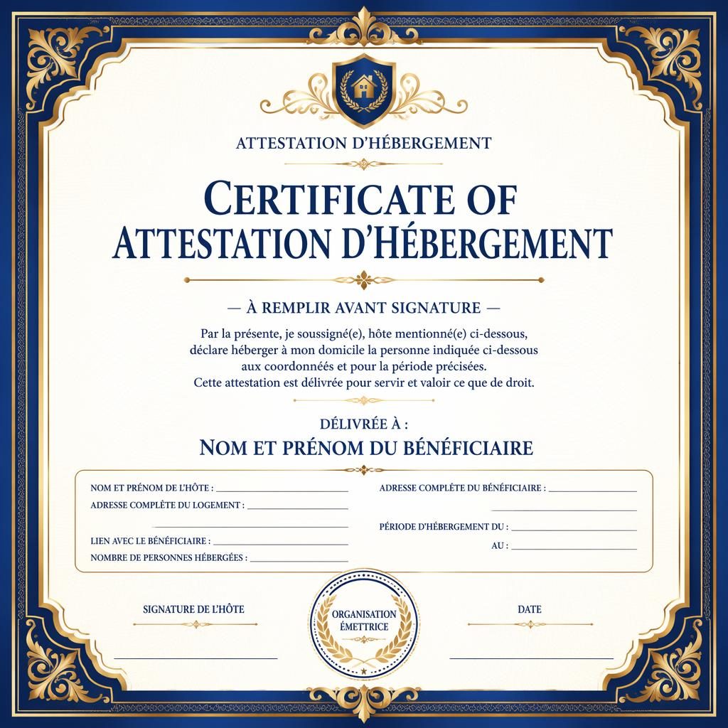 Certificat académique paysage A4, cadre or et bleu royal, titre central, nom, texte, signatures, date et sceau.