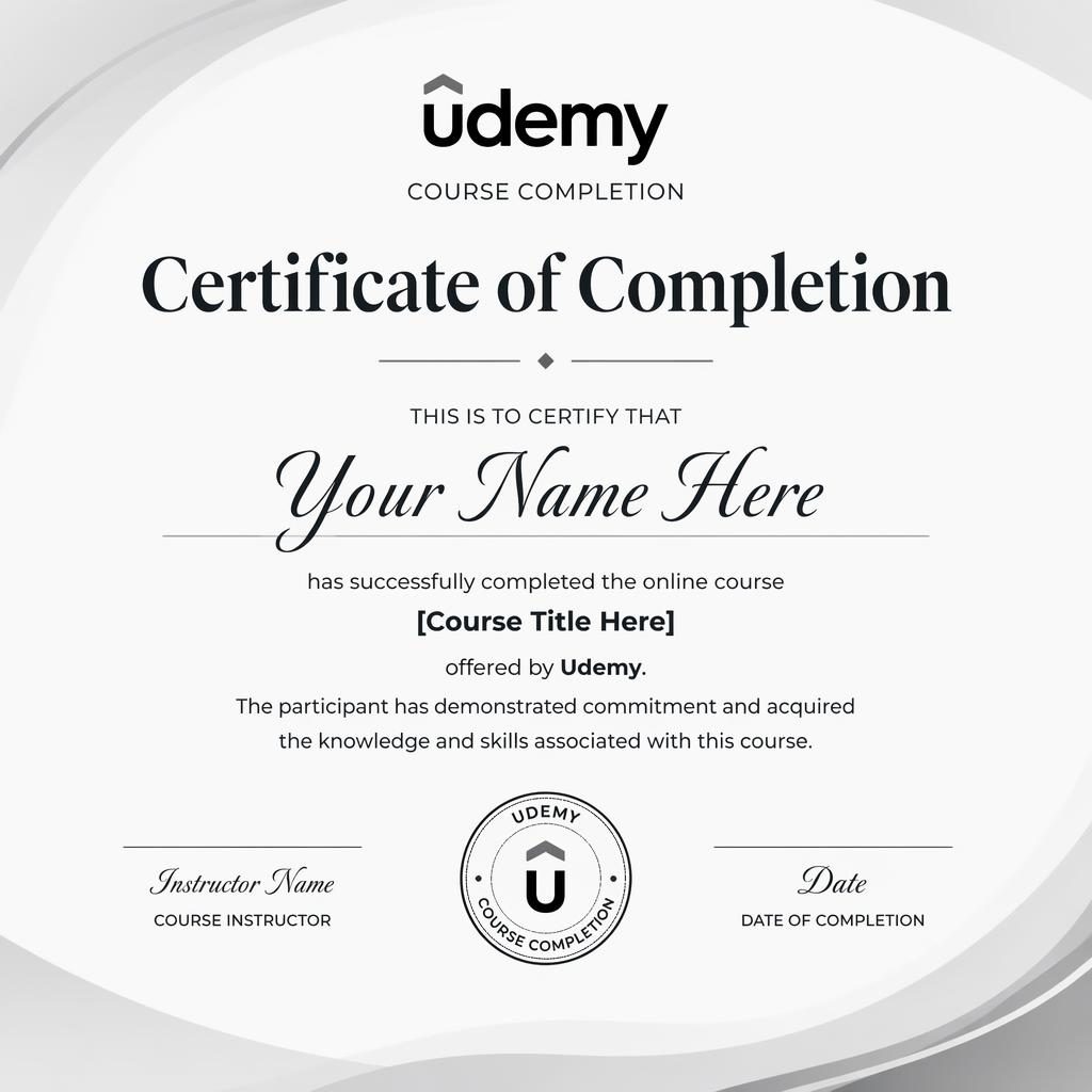 Minimal monochrome landscape A4 course completion certificate template with heading, recipient name, body text, signature lines, date, and seal.