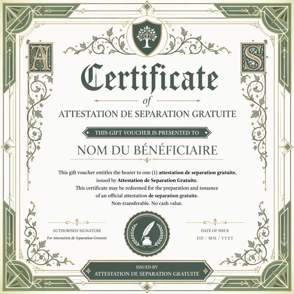 Modèle de bon cadeau A4 paysage, style enluminure médiévale et bordure art déco blanc sauge, avec zones de texte.