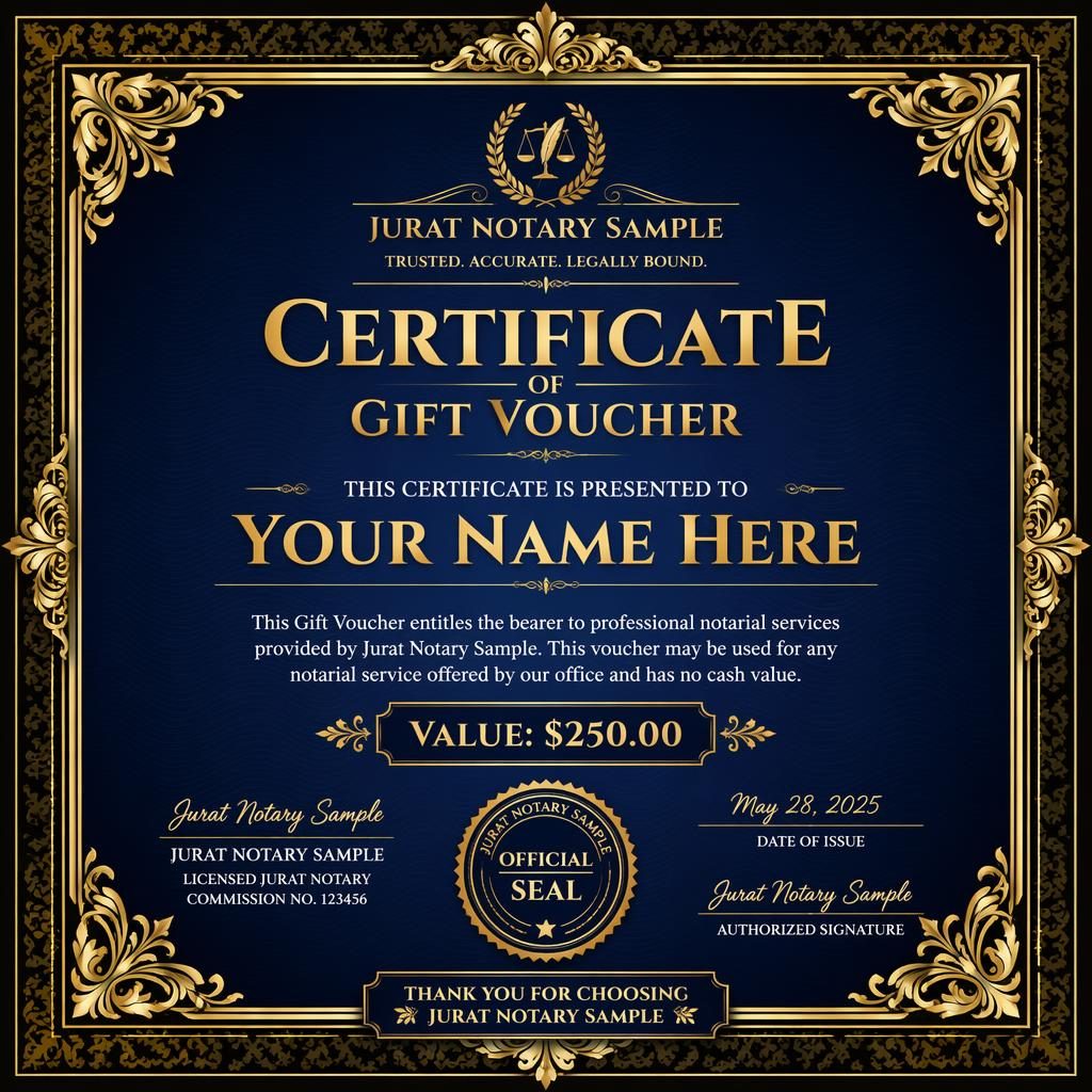 Luxury black, royal blue, and gold landscape A4 gift voucher certificate template with ornate frame, heading, seal, and signature lines.