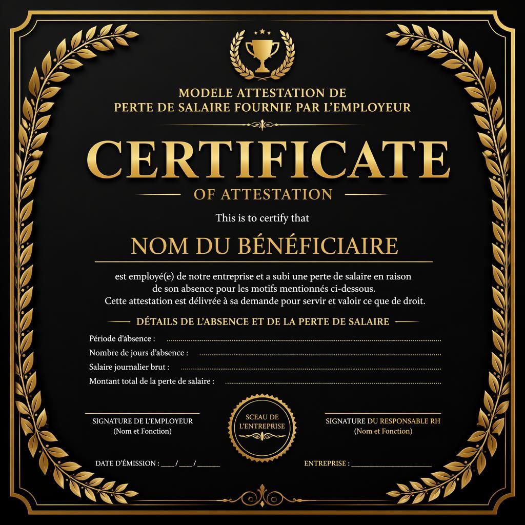 Certificat paysage A4 noir et or, bordure en laurier, titre central, lignes de signature, date et sceau décoratif.