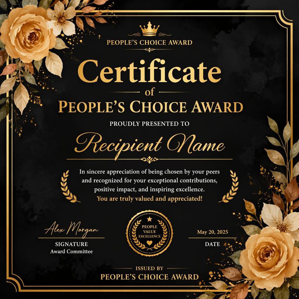 Landscape A4 employee of the month certificate template in black and gold with floral border, signature lines, date and seal.