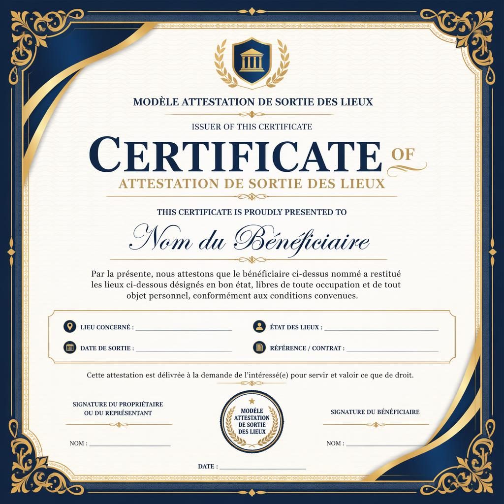 Template de certificat académique A4 paysage, cadre bleu royal et or, titre central, lignes de signature, date et sceau.