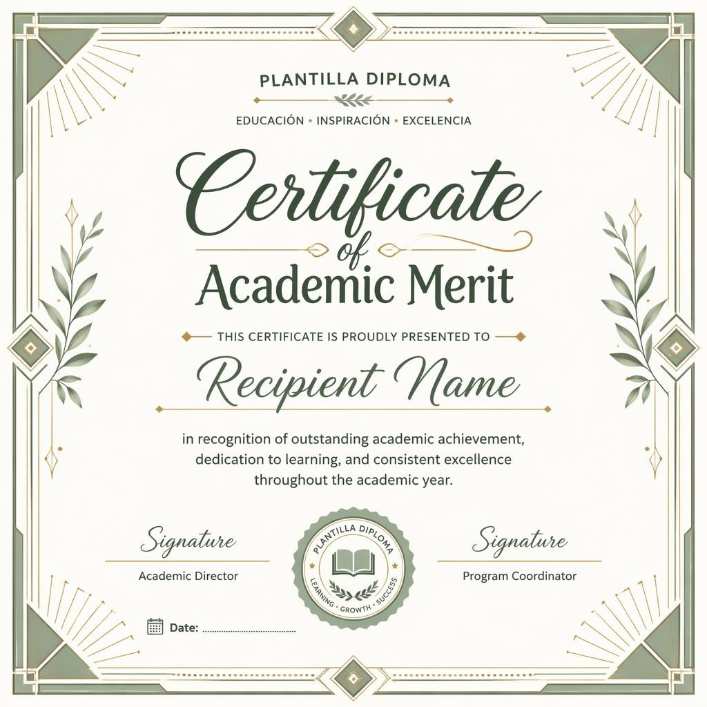 Plantilla diploma horizontal A4 de mérito académico con borde geométrico art déco, tipografía manuscrita cálida y líneas de firma